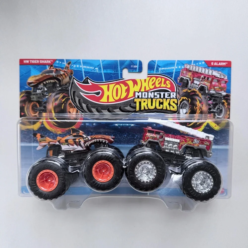 Hot Wheels Monster Trucks Tiger Shark vs 5 Alarm Demolition Doubles 2 Pack 1:64
